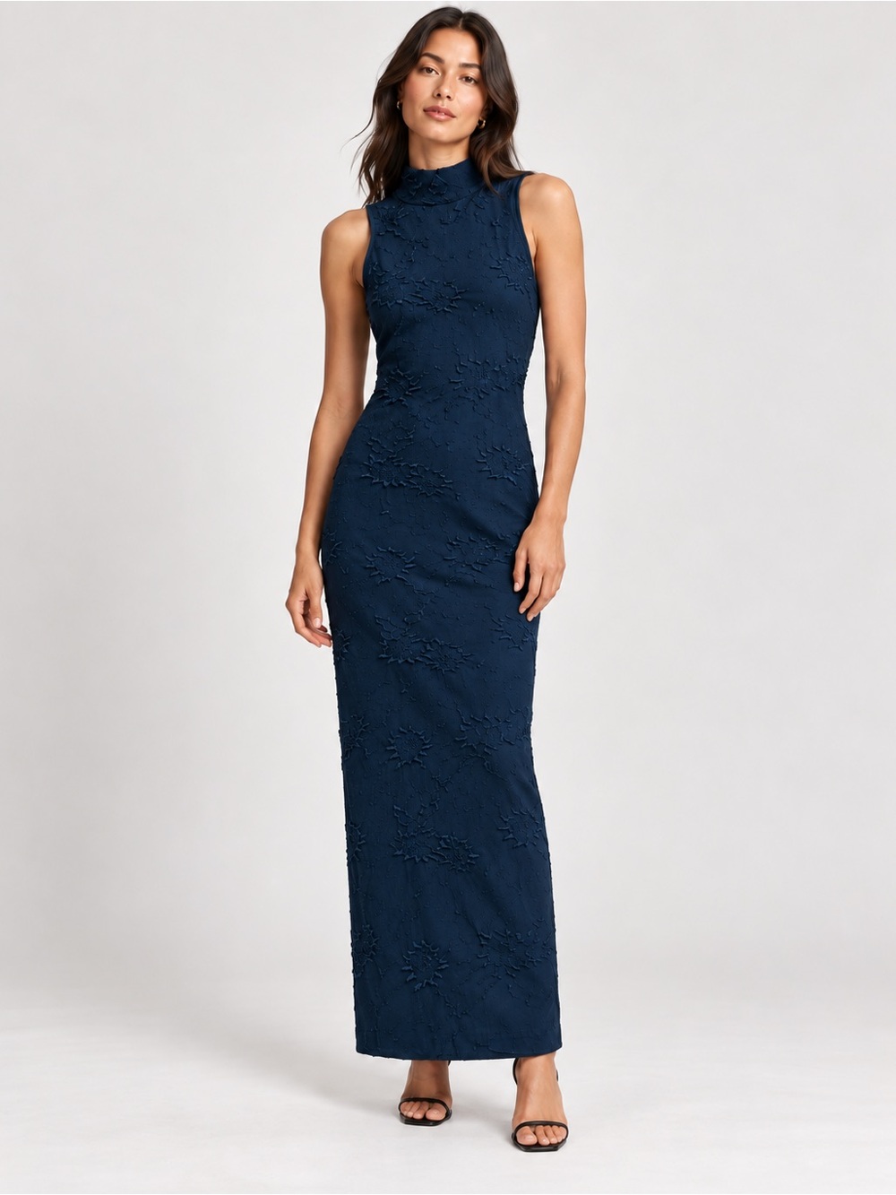 Zara Dark Navy Textured Mock Neck Bodycon Maxi Dress Size S